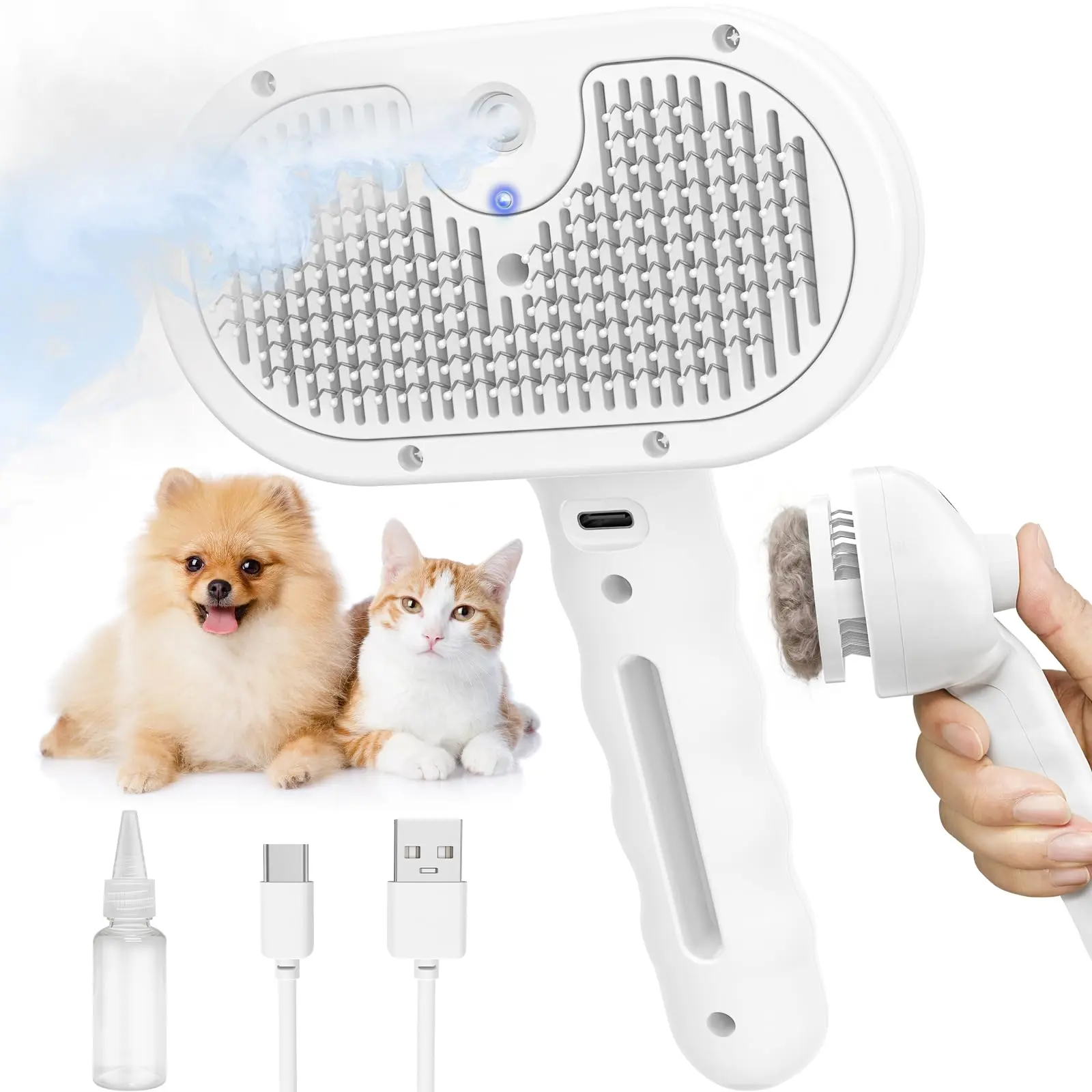 Pet Steam Brush with Steam Spray - Self-Cleaning, Anti-Static, Fur Control Tool for Indoor Cats & Dogs, Universal Fit for Long & Short Haired Animals (White)