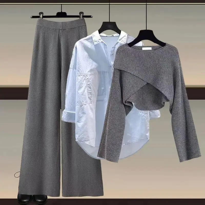 Grey sweater + blue shirt + gray wide le