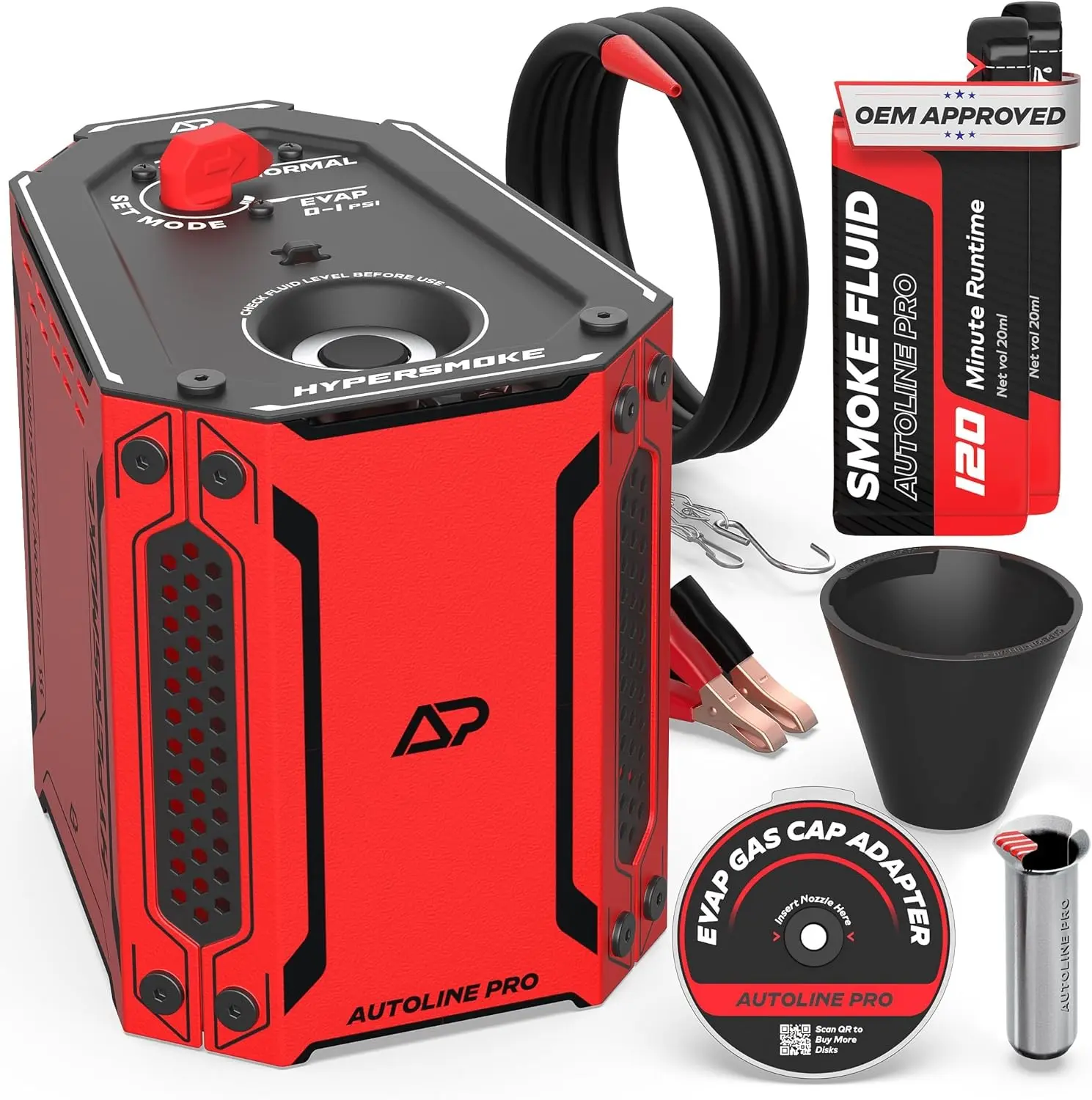 AutoLine Pro HyperSmoke™ Automotive Smoke Machine EVAP Vacuum Leak Tester – Adjustable Pressure – OEM Approved Smoke Fluid – Built-in Air Compressor Motor – Includes Cone and Gas Cap EVAP Adapter. Gift