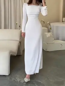 Women's Fall Winter Knitted Square Neck Long Sleeve Dress, Slim-Fitting Casual Elegant Dress for Daily and Parties