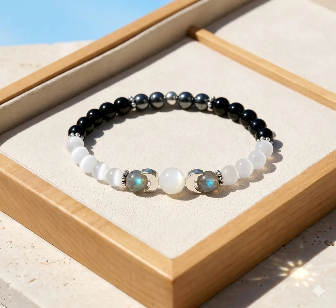 Lunar Energy 8mm Stretch Bracelet - Labradorite, Selenite, Hematite, Black Obsidian Crystal Jewelry for Protection, Calming, Clarity, 6.5–8 Inches Adjustable Wrist Size Birthday Gift