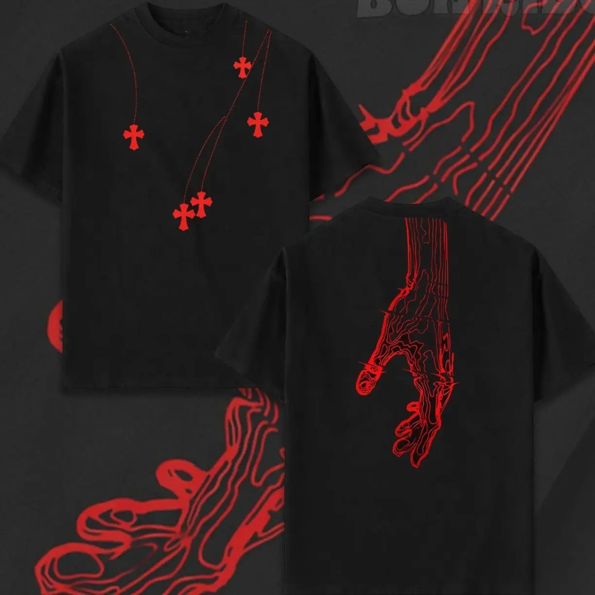 Men's Soft Breathable Cotton Short-Sleeve Round Neck Graphic T-Shirt - Menswear Top, Red Cross Hanging Necklace Front Print, Bloody Dripping Hand Back Print, Black Gothic Dark Streetwear Horror Style, Cross-Style Fit, 5XL, Fast Shipping GZE