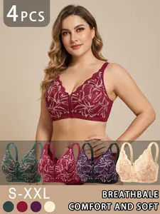 4PCS Women Easy Front Closure Push Up Floral Elegant Wirefree Bra Wireless Medium Full Support Underwear for All Day Wear Home