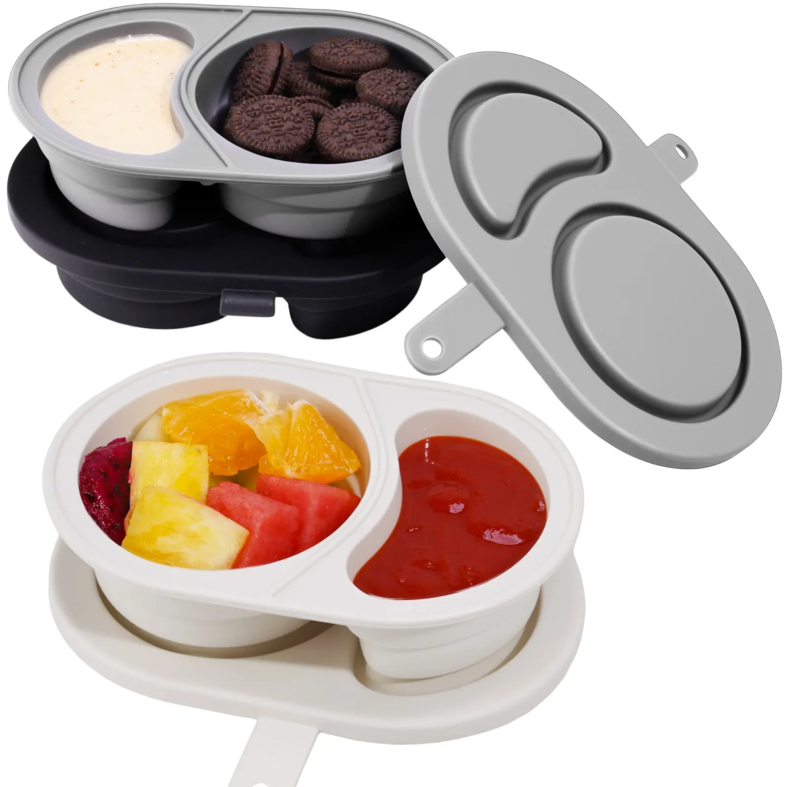 NiHome 3-Pack Reusable Dual-Compartment Silicone Collapsible Snack Locker - Leakproof Lunch Container, Snack Pack Container, Kitchen Utensil, Minimalist Nordic Design, Easy-Clean, Freezer-Organizing, Microwave & Dishwasher Safe (Cream, Gray, Black), Snack