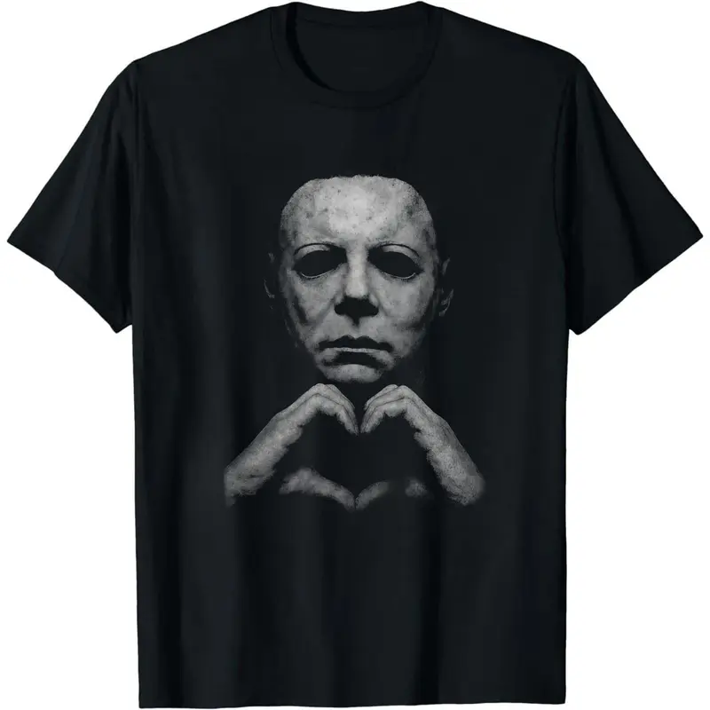 Unisex Polycotton Round Neck Michael Myers Retro Graphic Short Sleeve Sports Top - Men's Shirts Graphic Tee, Casual Halloween Apparel, Lightweight Digital Print Streetwear, Horror Slasher Gift, Machine Washable