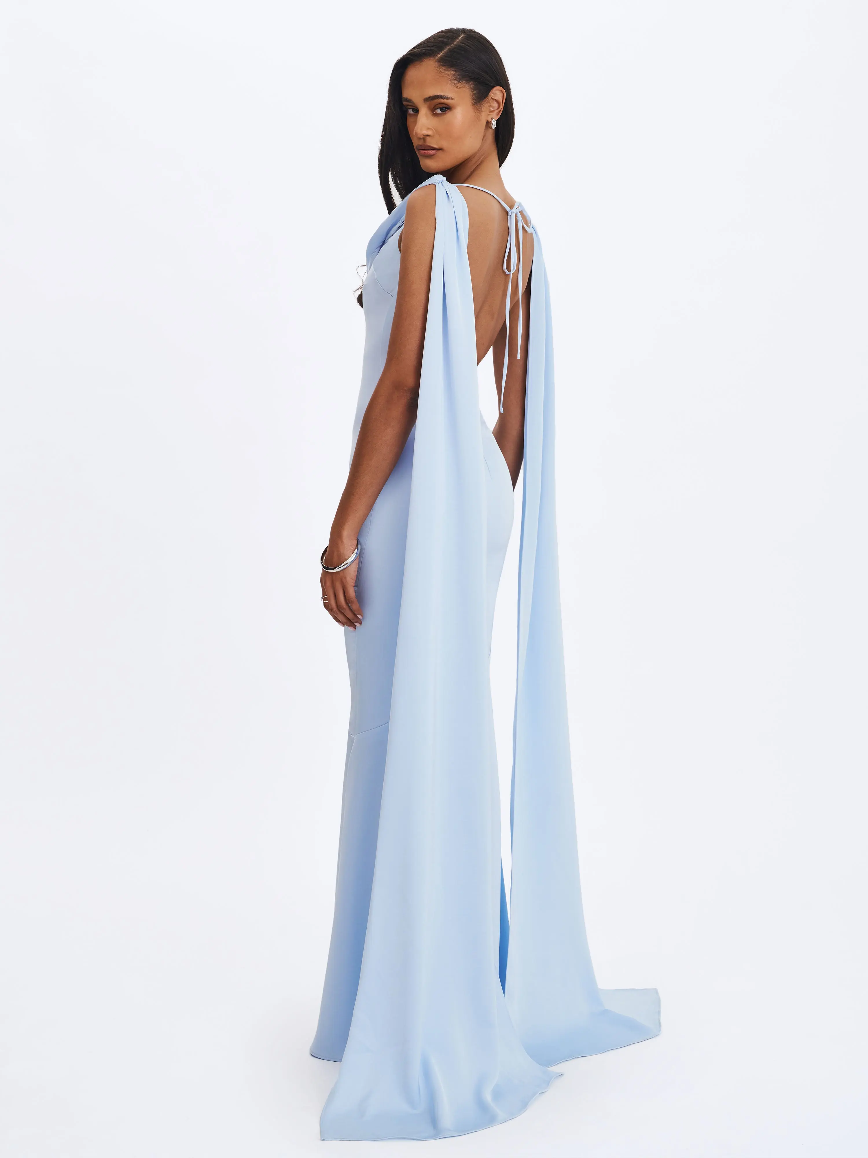 Eira Mist Blue Cowl Scarf-Detail Mermaid Maxi Dress - TikTok Shop