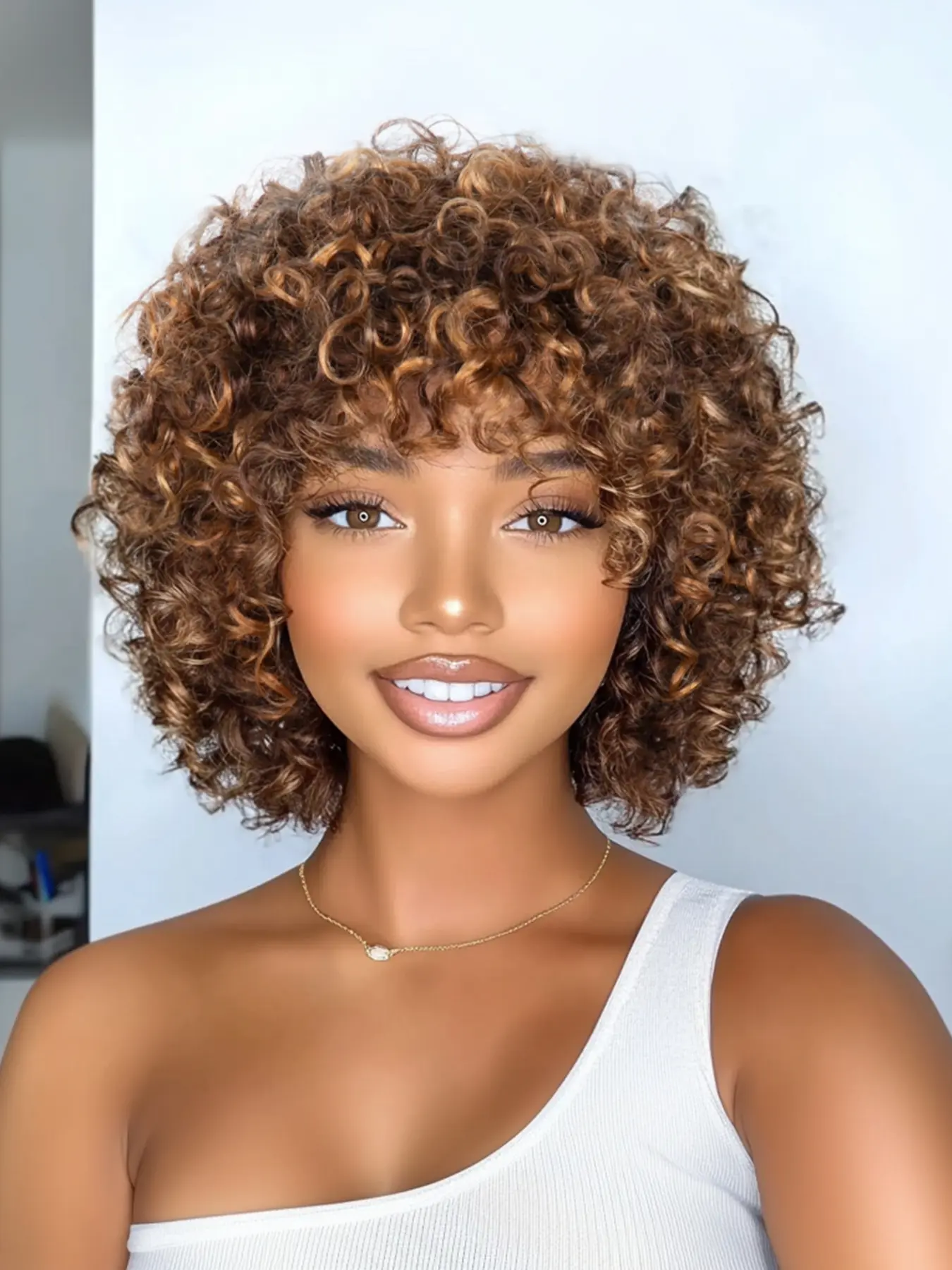 10-Inch Highlight Curly Human Hair Wig with Bangs, Premium human hair, Natural Voluminous Curls, Lightweight & Breathable, Easy to Wear & Style, Heat-resistant & Dyeable, Perfect for Daily Wear, Parties, Photoshoots, Kinky Curly Wig, Real Hair Wig