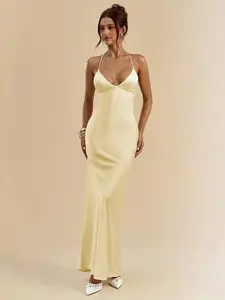 JADEE Apricot & White Deep V-Neck Spaghetti Strap Super Long Backless Tie Satin Mermaid Dress