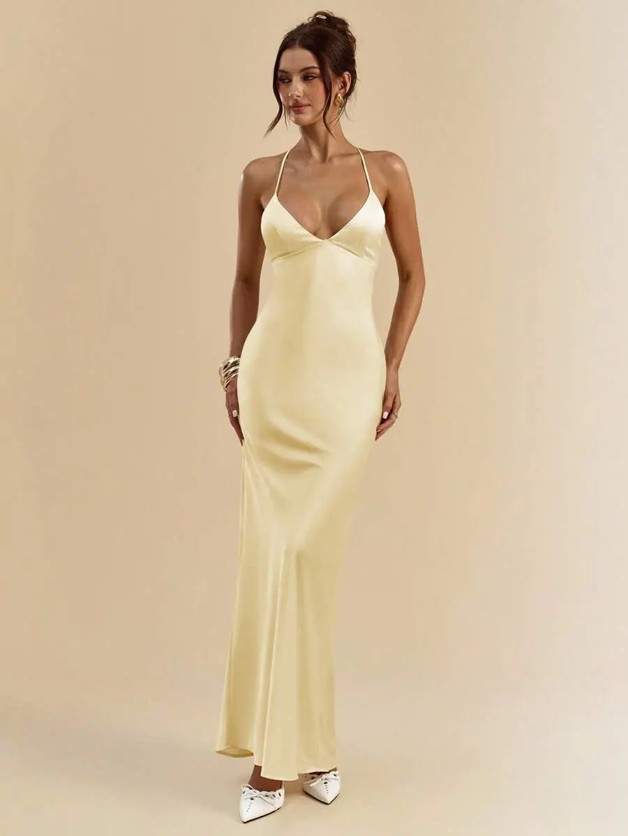 JADEE Apricot & White Deep V-Neck Spaghetti Strap Super Long Backless Tie Satin Mermaid Dress