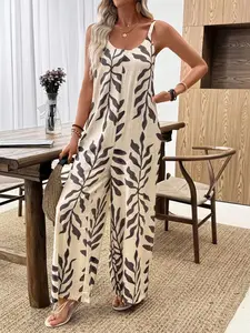 Women's Tropical Plant Print Casual Flowy Wide Leg Jumpsuit, Cami, Summer Going Out Outfits