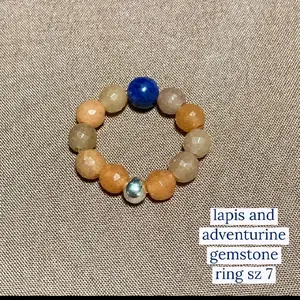 Gemstone Ring - Self Confidence Truth Lapis Lazuli & Peach Adventurine Stretch Size 7 for Stylish Everyday Wear