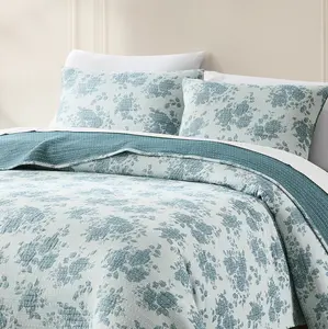 Lush Decor Rose Garden Pick Stitch Jacquard Matelasse Coverlet 3 Piece Set Blue Floral Bedding Coquette Decor Reversible Microfiber Full/Queen/King Sizes