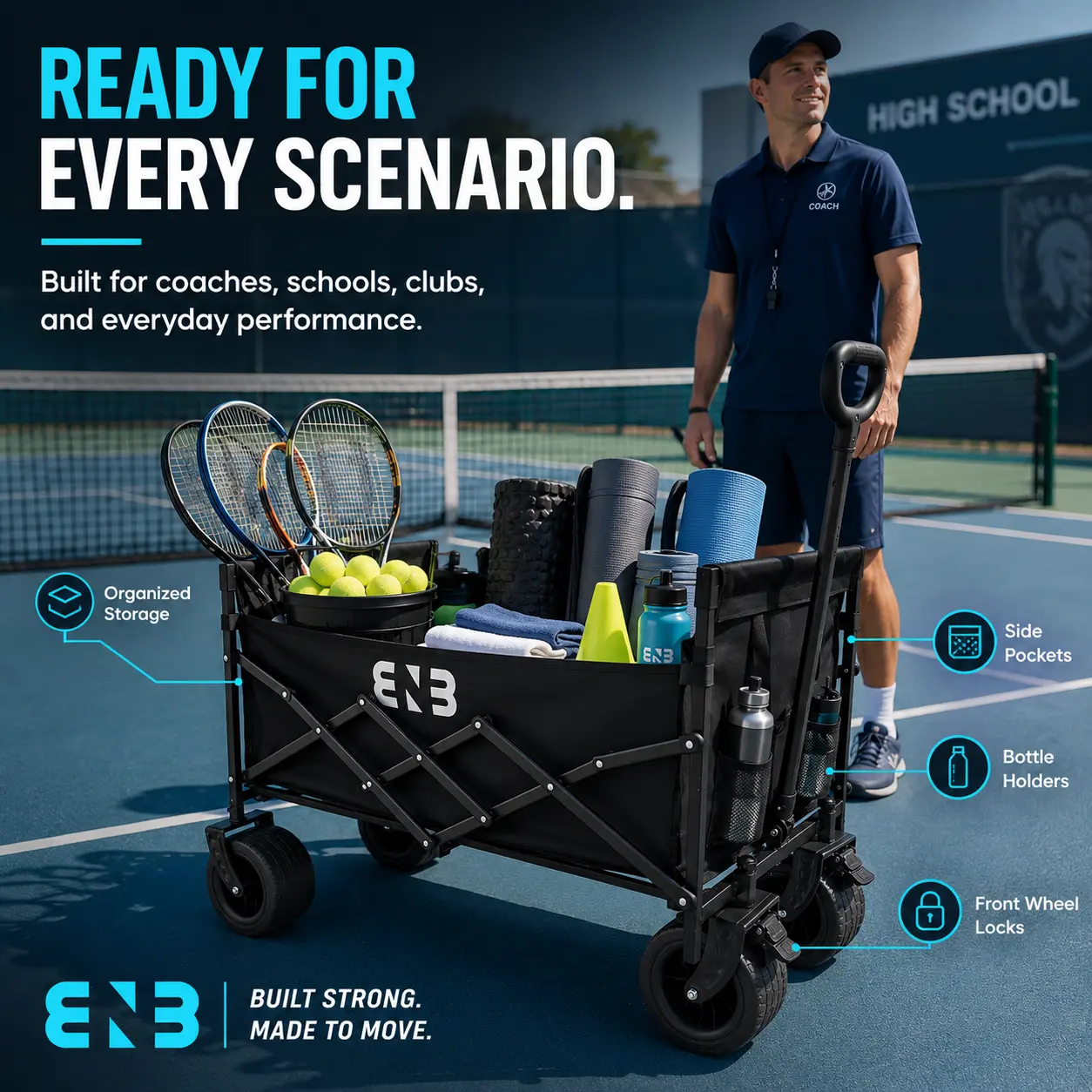 ENB heavy athletics equipment transport cart, foldable sports gear cart featuring 360° all-terrain wheels, adjustable handle, reinforced steel frame, 600D Oxford fabric surface, portable practical cart suitable for training, schools, clubs, and outdoor ac
