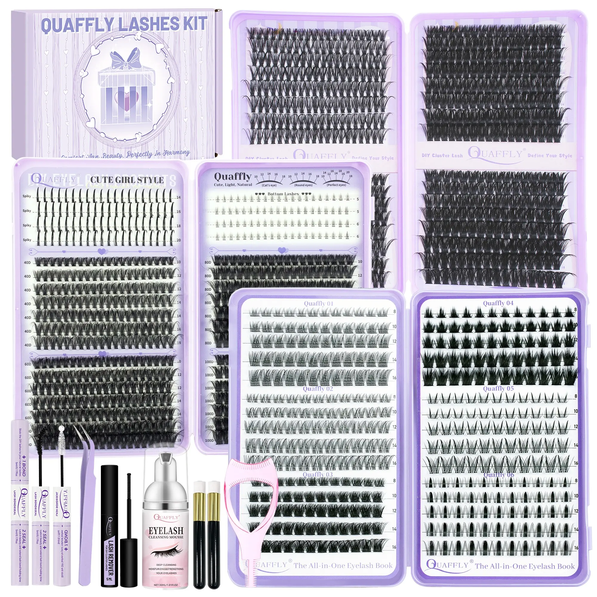QUAFFLY Lash Extension Kit Multiple mixed styles DIY Lash Cluster Volume Lash Clusters Spikes+Bottom Eyelash Clusters Extensions with Cosmetic Makeup Tool Eyelash Glue, Lash Bond & Seal Remover Tweezers Mascara Shield Cleansing Mousse brush*2