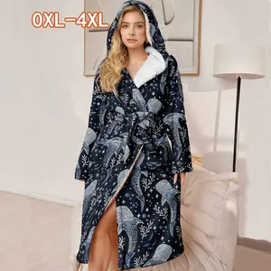 Women's Hooded Bathrobe, Soft Plush Robe with Whale Pattern, Padded Comfortable Sleepwear, Perfect Gift for Mother & Wife