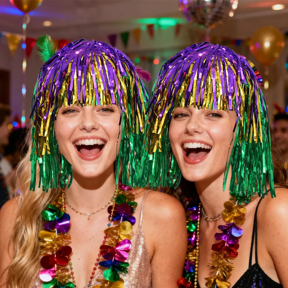 Unisex Raindrop Rain Silk Hat with Colorful Tassel - 10 Pcs Purple Gold Green Headwear, Festive Party Decoration Pet Wig Accessories, Free Size, Sports Games Use