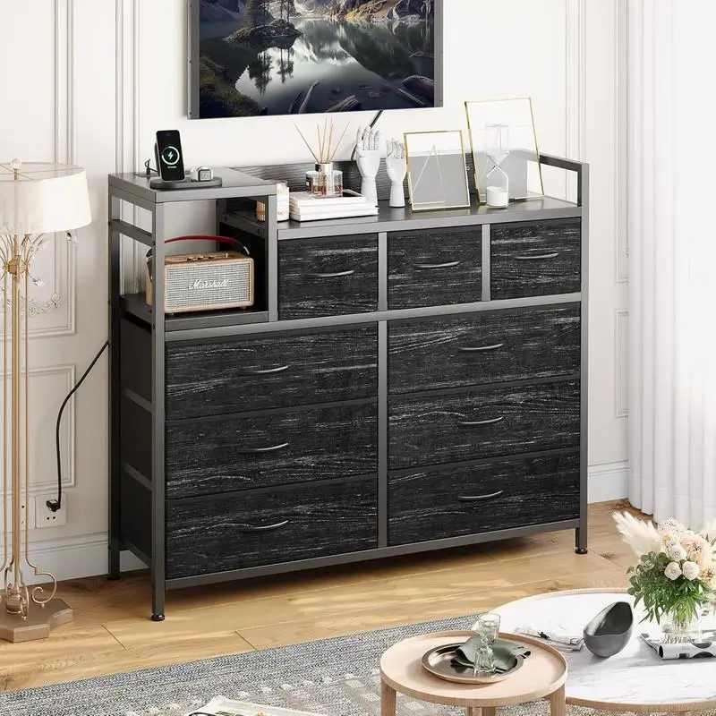 9-Drawer Dresser TV Stand with Charging Station - Wood & Metal Chest for Bedroom, Holds 45" TVs, Shelves Included, Black drill slot lightweight wheelchair cast iron core deck porch backyard all-terrain wheel superior grip automatic rewind pe rattan