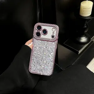 Light Luxury Style Edge Diamond Starry Sky Small Heart Precision Hole Full Coverage Anti-drop Phone Case for IP17 Pro Max IP16/15/14/13 Pro Max outdoorfun