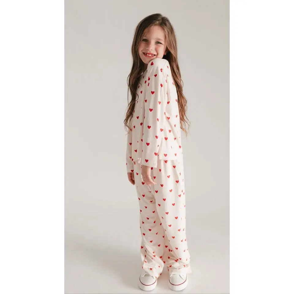 Girls Long Sleeve and Pants Set in  Cream Valentine Hearts