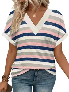 Women's V Neck Colorblock Striped Short Sleeve T-Shirt Top, Casual Slim-Fitting Design, Perfect for Fall & Winter, Pair with Jeans, Womenswear