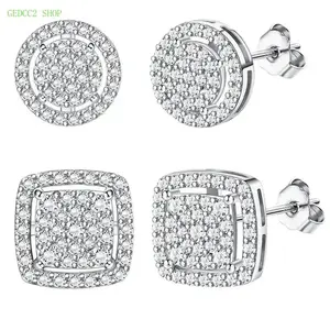 Sterling Silver & 14K Gold Earrings for Men – Iced Out Halo Square Studs, Black & Silver Mens Earrings Set, Trendy Hip Hop Jewelry for Everyday, Party, Club, Gift