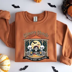 Gilmoreghouls GILDAN 1800 Crewneck Cute and Spooky Halloween Sweatshirt for Spooky Season with Skeleton Design