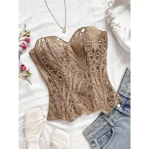 European And American Young Vacation Sexy Avant-Garde Off-The-Shoulder Lace Double-Layer Fitted Corset Bustier Top, INS White Hollow Embroidered Shapewear, Nightclub Outfits For Women
