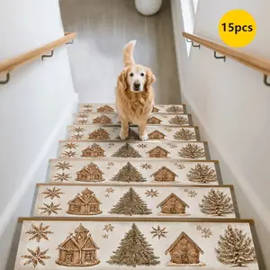 15pc Christmas Theme Stair Mats Non-Slip Durable Home Decor, Holiday Atmosphere Decoration Pine Cabin Pattern, Festive Xmas Mat Set