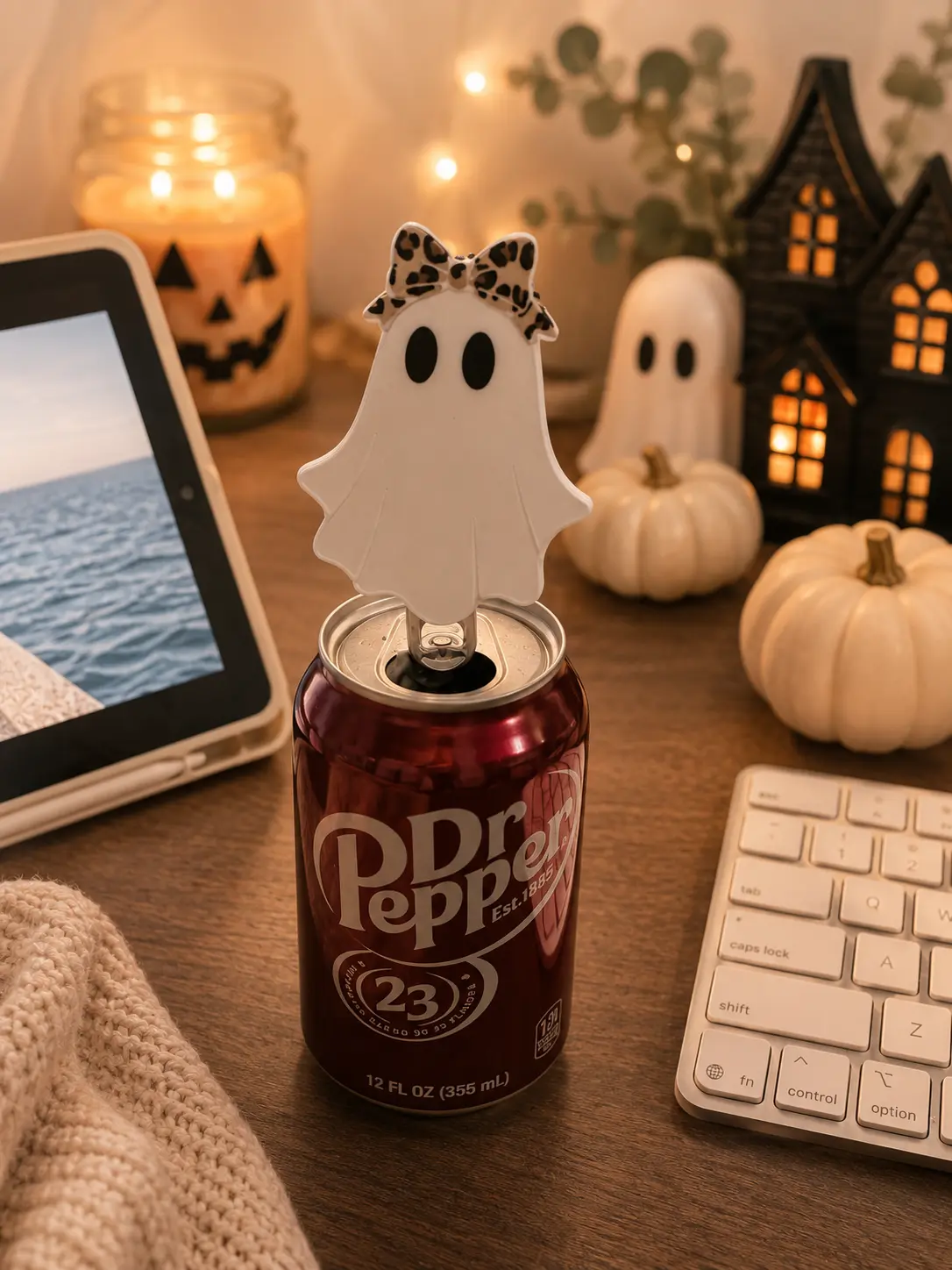 3D Printed Ghost Shape Beverage Can Opener Keychain - Halloween Nail-Saving Soda Can Tab Opener with Bow, Kitchenware Drinkware Accessory