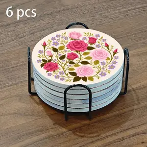 6-piece ceramic coaster set, featuring a classic floral circular illustration with interwoven pink and purple roses. Heat-resistant, non-slip coasters with holders; perfect for home and dining table decoration.