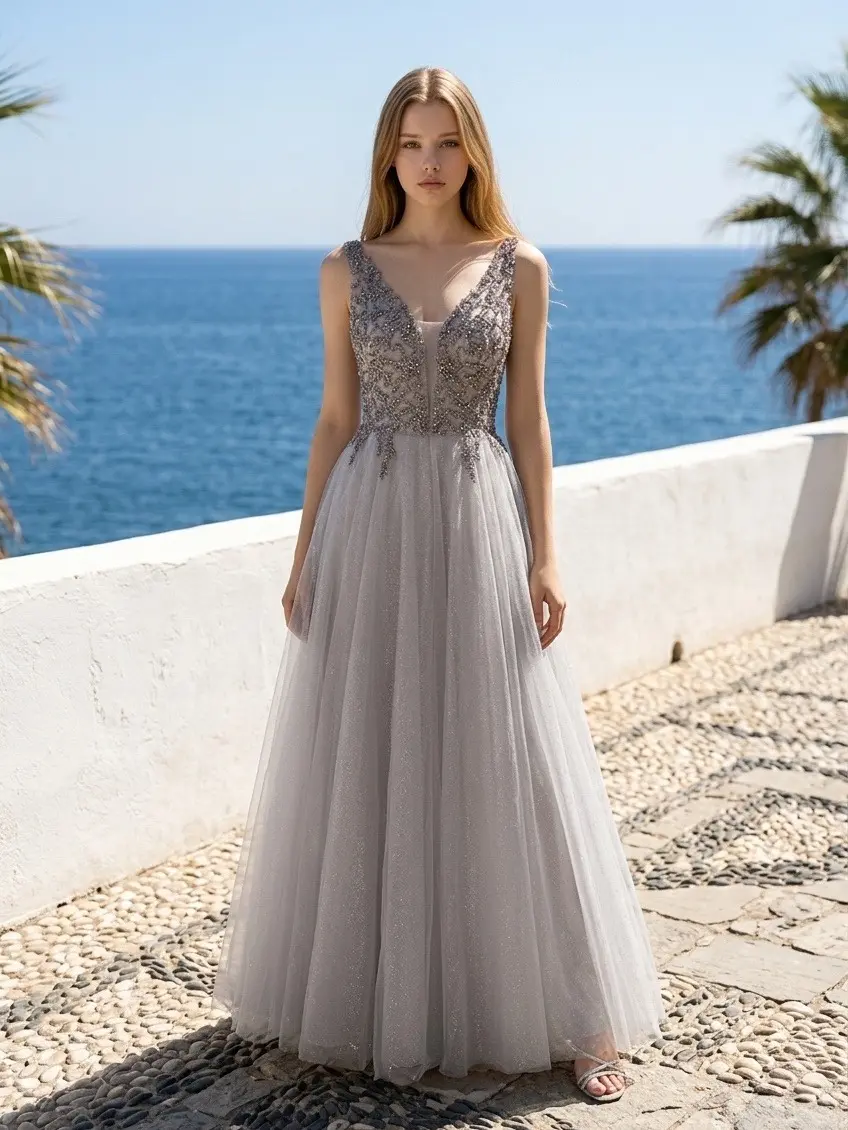 Elegant Luxury Beaded Embroidery A-Line Tulle Dress, Sleeveless Deep V-Neck Illusion Bodice Floor-Length Formal Evening Gown for Gala, Wedding Reception & Special Occasions