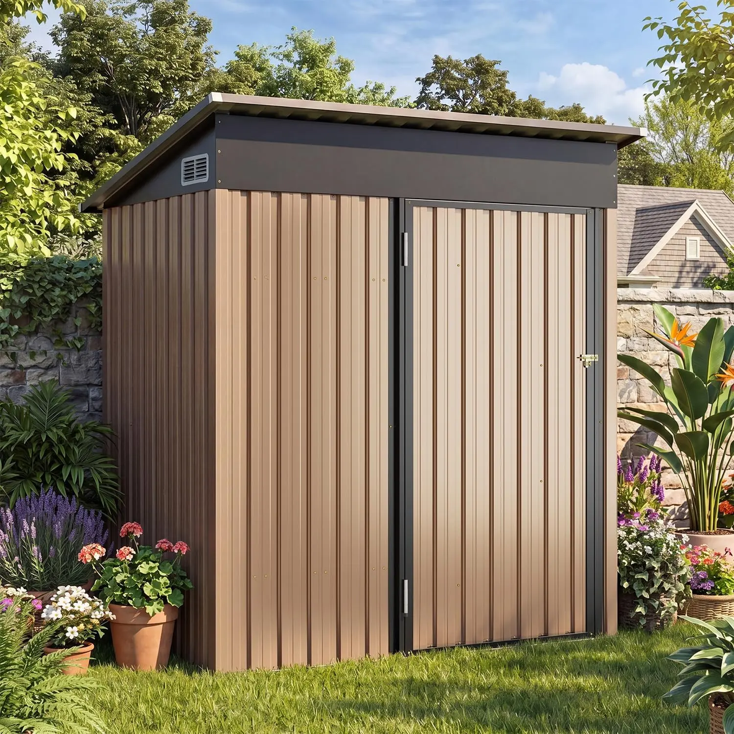 Aoxun 5x3 Ft Outdoor Storage Cabinet - Waterproof Storage Shed with Floor, Small Metal Garden Shed with Lockable Doors & Slooping Roof for Backyard, Patio, Poolside, Brown