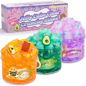 Slime Kit - 3 Pack Jelly Cube Clear Crunchy Slime with Avocado, Honeycomb and Lavender Bear Charms, Preppy and Aesthetic Stuff, Cute Stress Toys and Cool Birthday Gifts for Girls and Boys