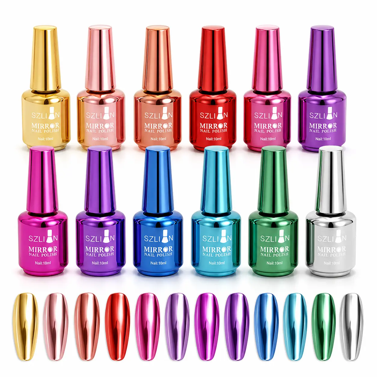 12-Shade Mirror Metallic Nail Polish Set, 10ml Quick-Dry Chrome Finish Varnish with Smooth Brush, Beauty Products for Home Salon Nail Art Manicure Supplies
