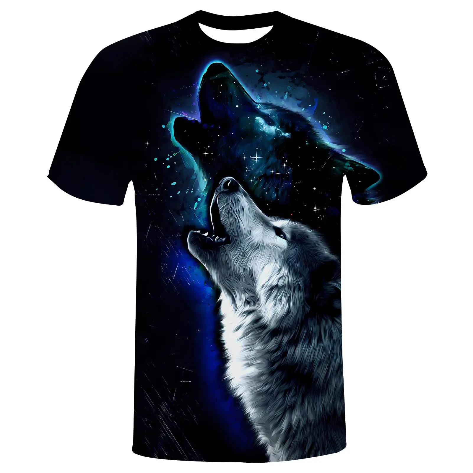 Women's 3D Galaxy Wolf Print Tee, Unisex Casual Streetwear Tshirt, Breathable Short-Sleeve Top for Daily Outdoor Use