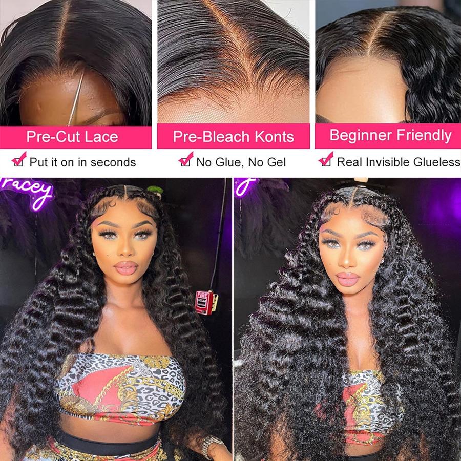 Bling Hair 13X4 13X6 Water Wave Lace Front Wig Human Hair Deep Wave Frontal Wigs for Women Brazilian Real Human Hair PrePlucked Natural Black Remy Hair 180% Density 4x4 Closure Wig