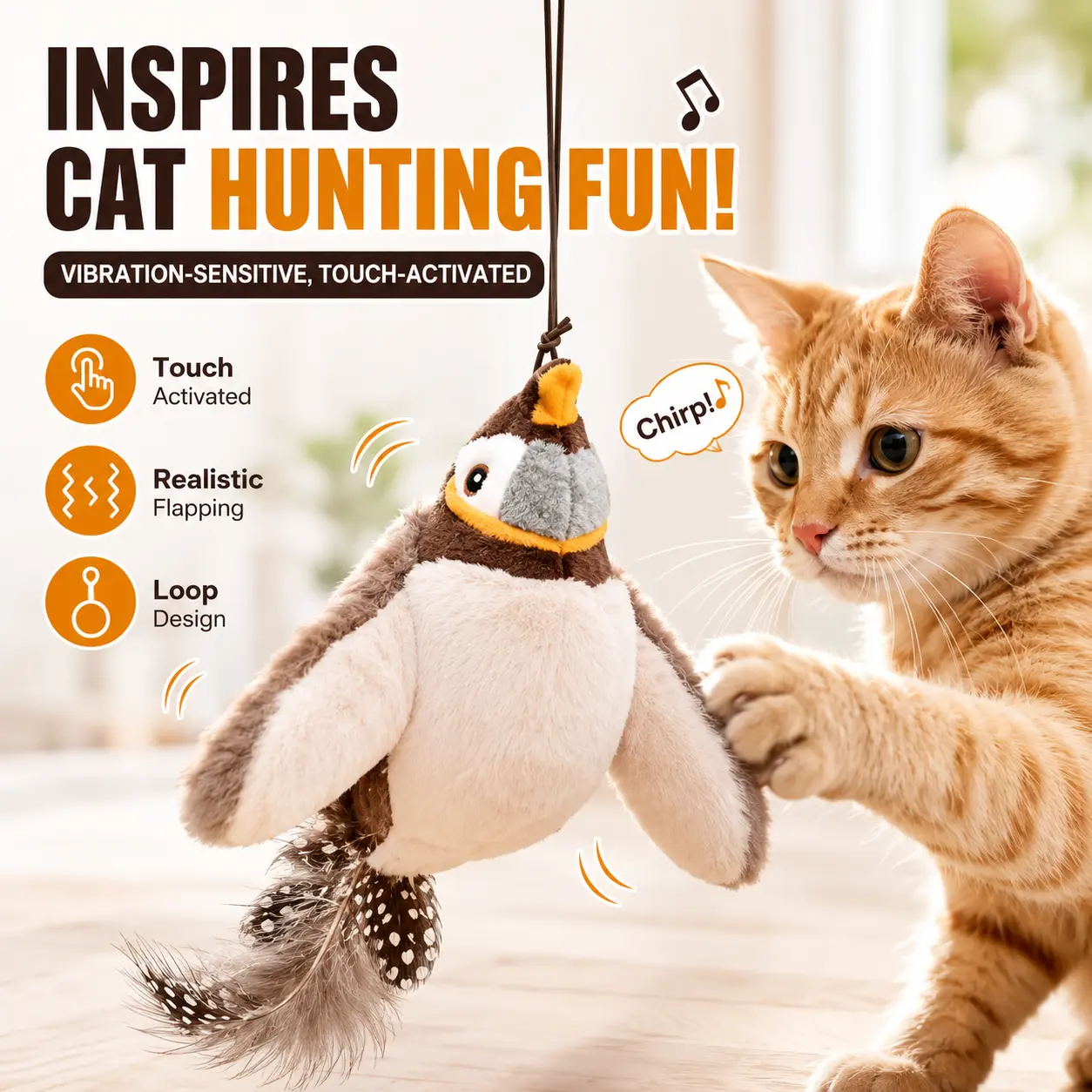 Interactive Cat Toy, Chirping Bird Cat Toy, USB Rechargeable Cat Toy, Touch Activated Flapping Bird, Plush Bird Toy for Cats, Real Feather Cat Toy, Indoor Cat Exercise Toy, Kitten Hunting Toy, Pet Enrichment Toy, Bite Resistant Cat Toy
