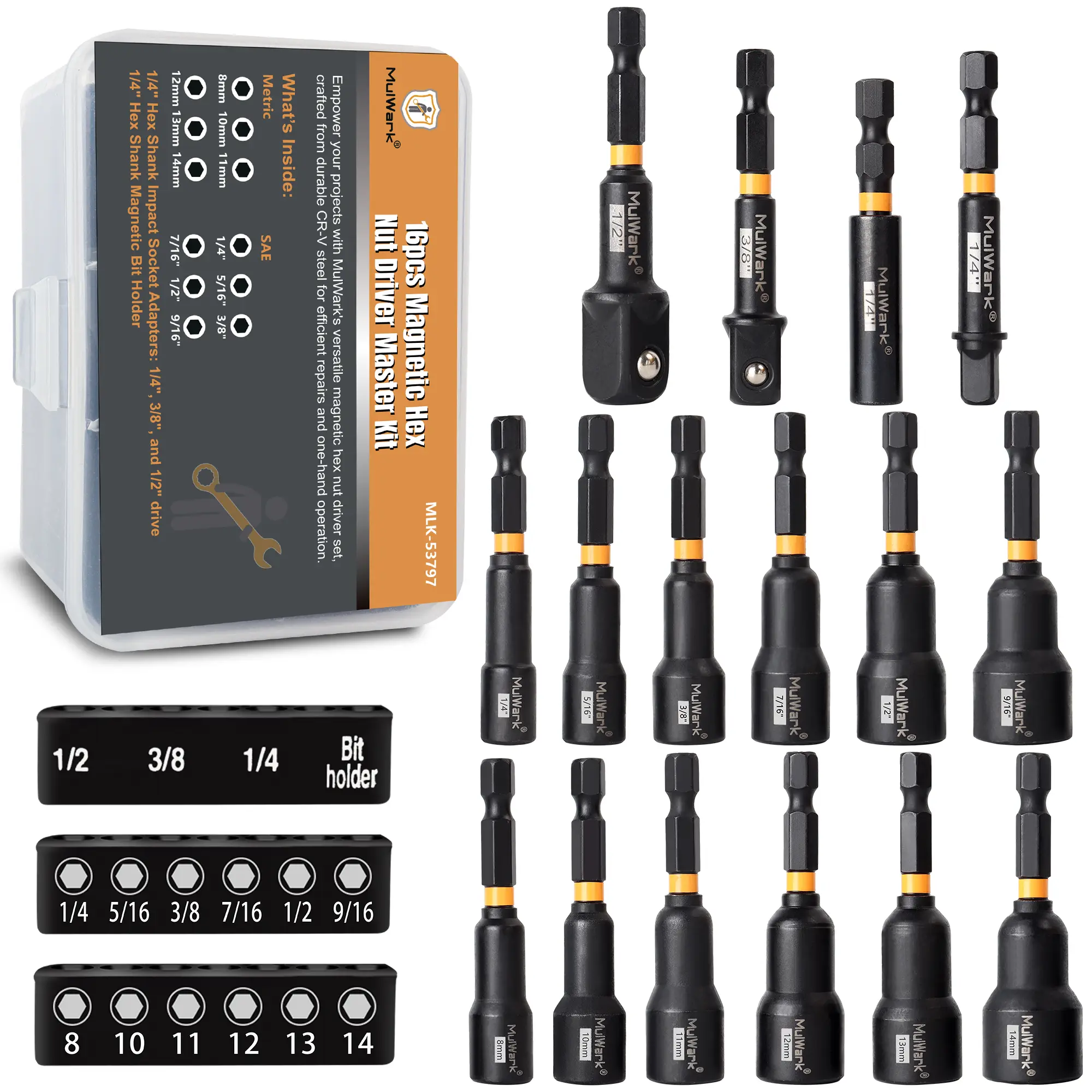 MulWark 16-Piece Multi Nut Driver Set - 1/4" Hex Shank Deep Magnetic Replaceable Bits, Quick-Change Holder, Impact Socket Adapters for Secure Fastening, Magnetic Screwdriver Bits