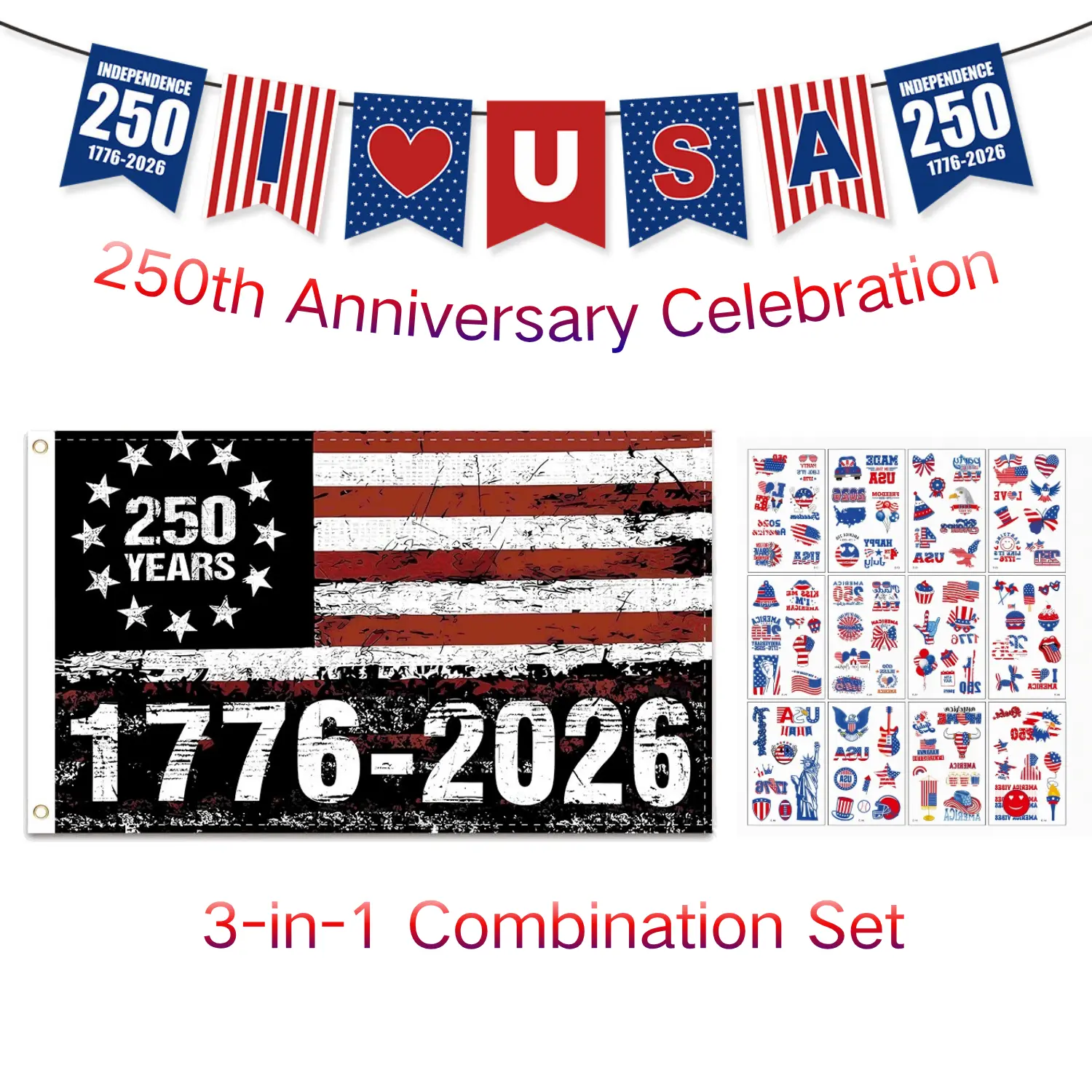 2026 250th Anniversary 4th of July Patriotic 3-in-1 Party Kit - Polyester Ethnic Pattern Flag, Paper Pennant Banner, Temporary Tattoos for Ceremony Decorating, Festive Home Supplies Set (1776-2026, Ideal for Gifting), Three Items