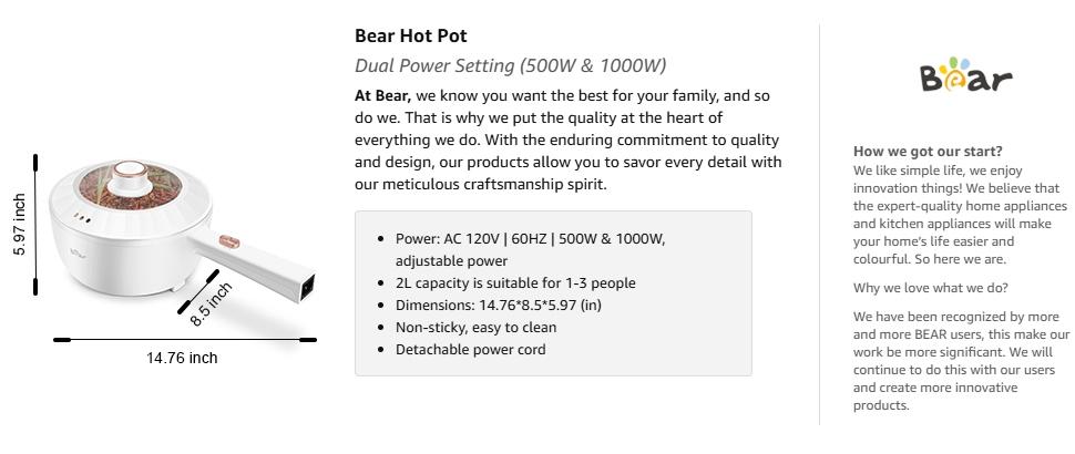 Bear Hot Pot Electric, 2L Multifunctional Portable Cooking Pot, 1000W Rapid Noodles Electric, Non-Stick Frying Pans for Steak, Egg, Ramen, Oatmeal With Dual Power Adjustment Bear Hot Pot Electric, 2L Multifunctional Portable Cooking Pot, 1000W Rapid Noodles Electric, Non-Stick Frying Pans for Steak, Egg, Ramen, Oatmeal With Dual Power Adjustment