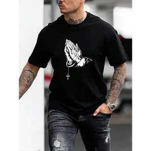 Men's Hands Graphic Round Neck Drop Shoulder Tee, Prayer Gesture & Cross Print T-shirt, Summer Clothes Streetwear Regular Fit Short Sleeve T-shirt, Men's T Shirts,, Menswear Tshirt top crewneckT tshirt graphic tee men morning t-shirt short sleeve shirt Bl