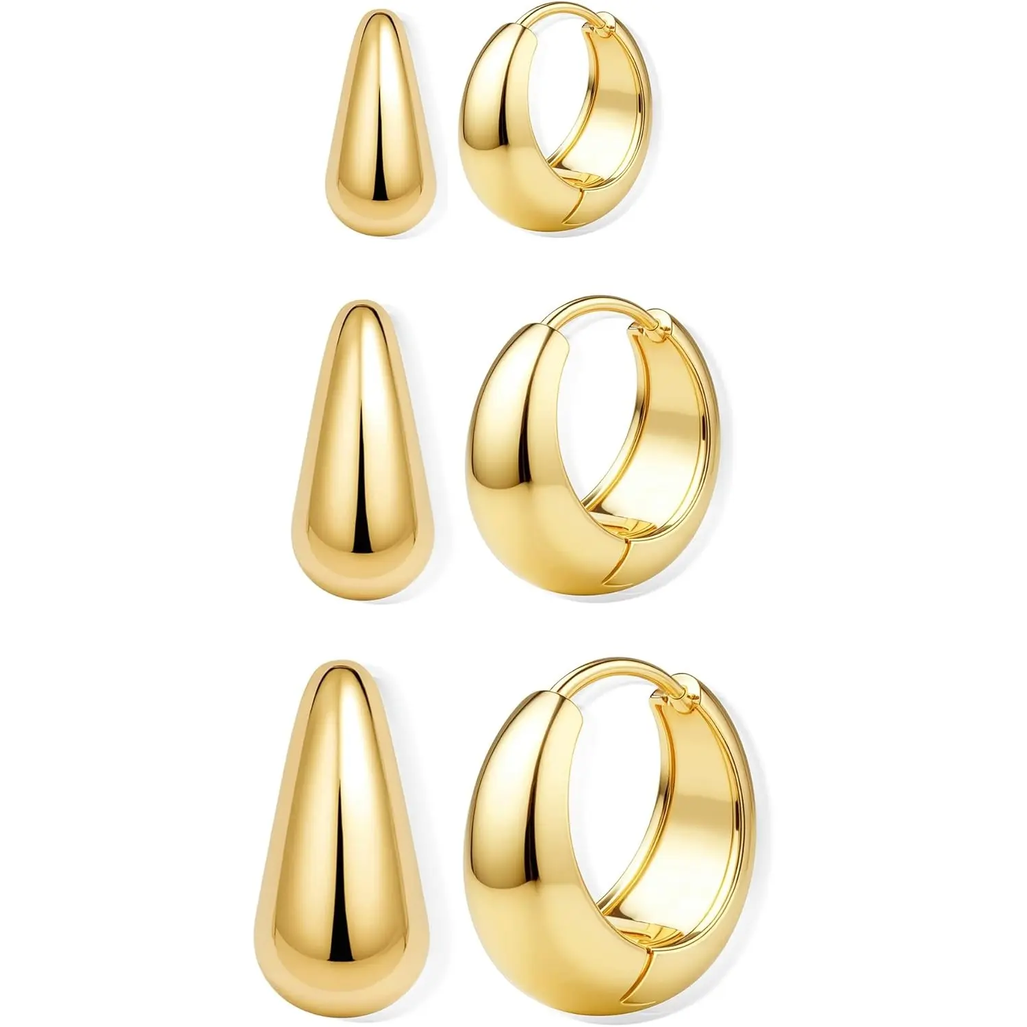 FIASASO Women's 3-Pair 14K Gold-Plated & Silver-Plated Earrings Jewelry Set, Hypoallergenic Chunky Lightweight Tiny Thick Huggie Hoops for Multiple Piercing