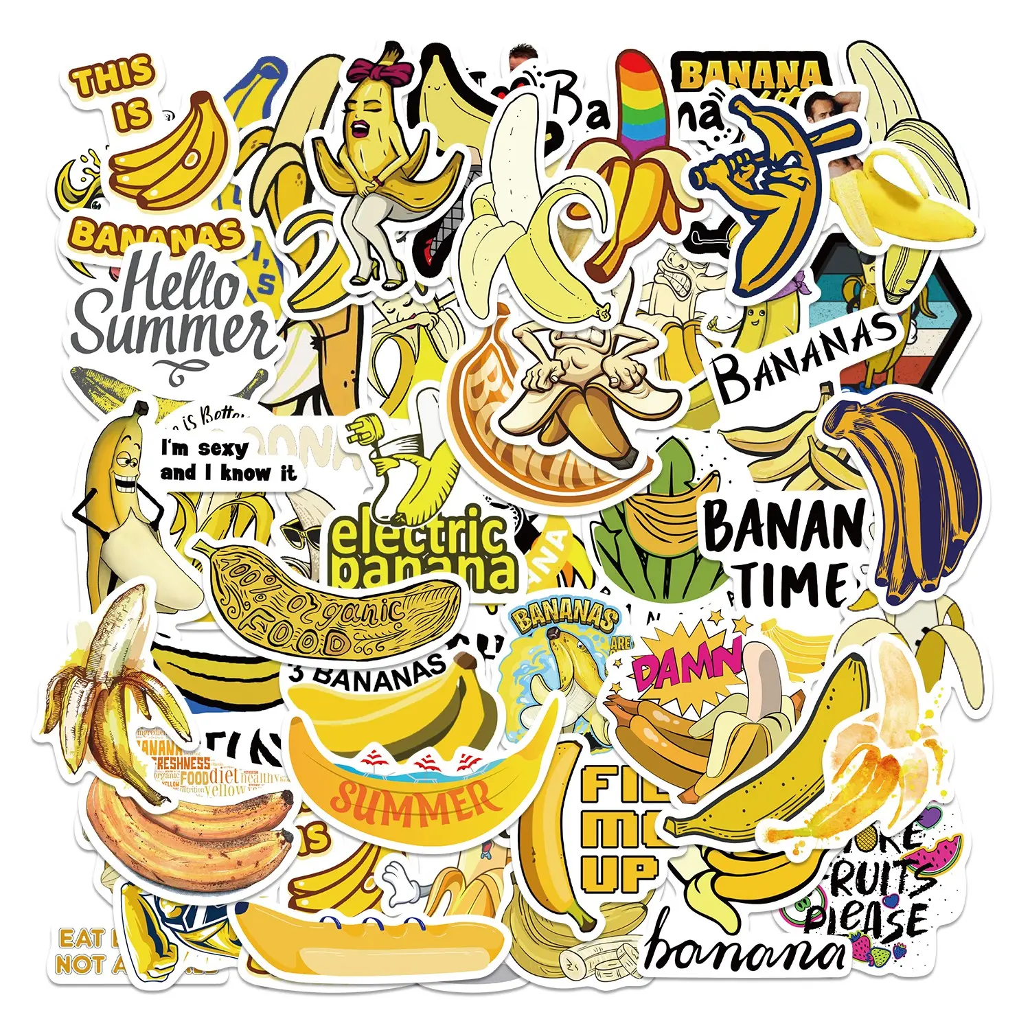 52pcs Funny Banana Meme Stickers Pack, Waterproof Cartoon Summer Banana Decals for Laptop, Water Bottle, Journal & Scrapbook, Stickers for Scrapbooking, Fruit Lover Gift