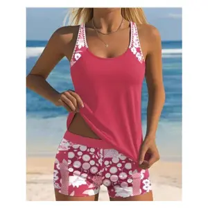 Women's Tropical Print Tankini Set- Stretchy Non-Transparent Swimsuit with High-Waisted Shorts and Round Neck Top