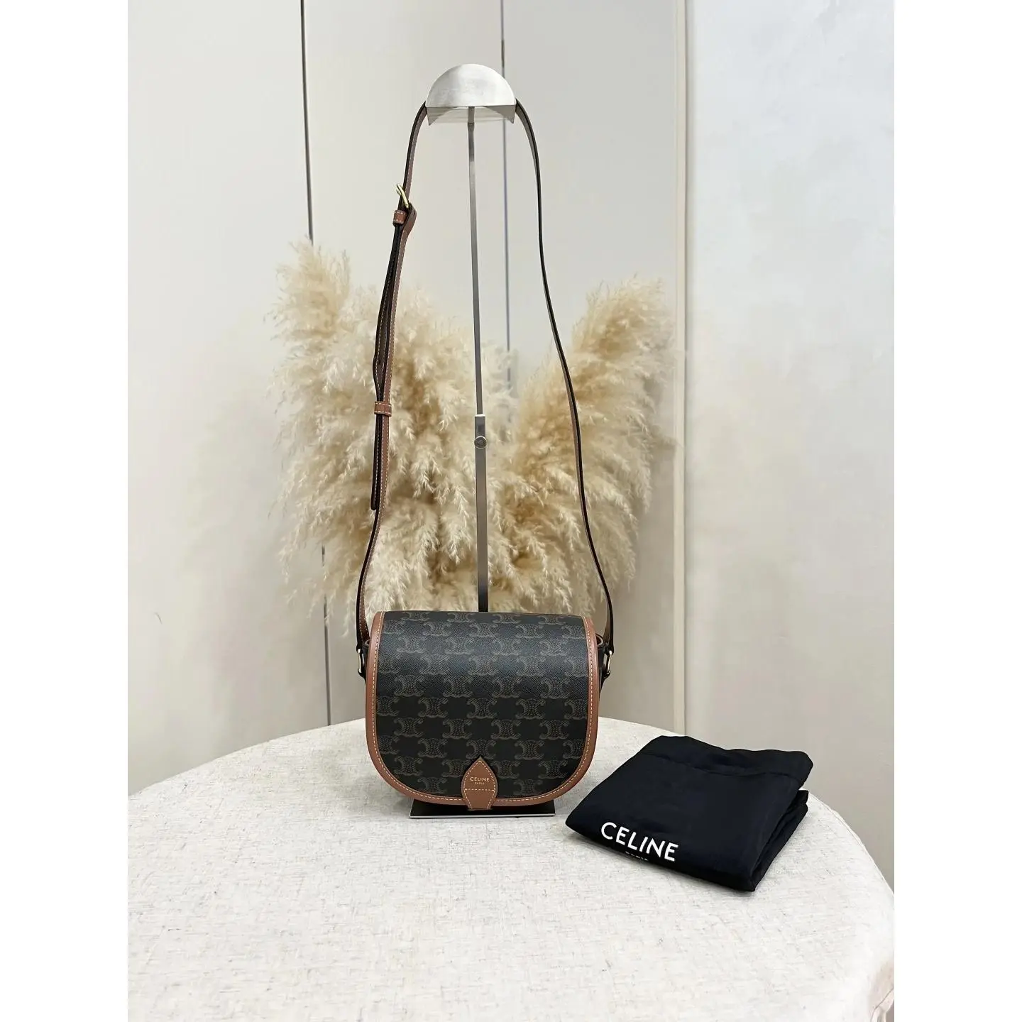 Pre-owned Celine Medium Folco Bag in Triomphe Canvas and Tan Calfskin XJ082