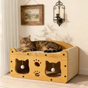 2 in 1 House & Scratch Board, 1 Set Wooden Bed with Scratcher, Durable Double Layer Bed, Pet Furniture for Indoor Spacious cool cat stuff cozy cat bed cat scratcher indoor cat accessories cat toys cat accessories