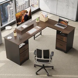 63" L-Shaped Computer Desk with 4 Drawers & Monitor Stand, Home Office Workstation with Storage Shelves