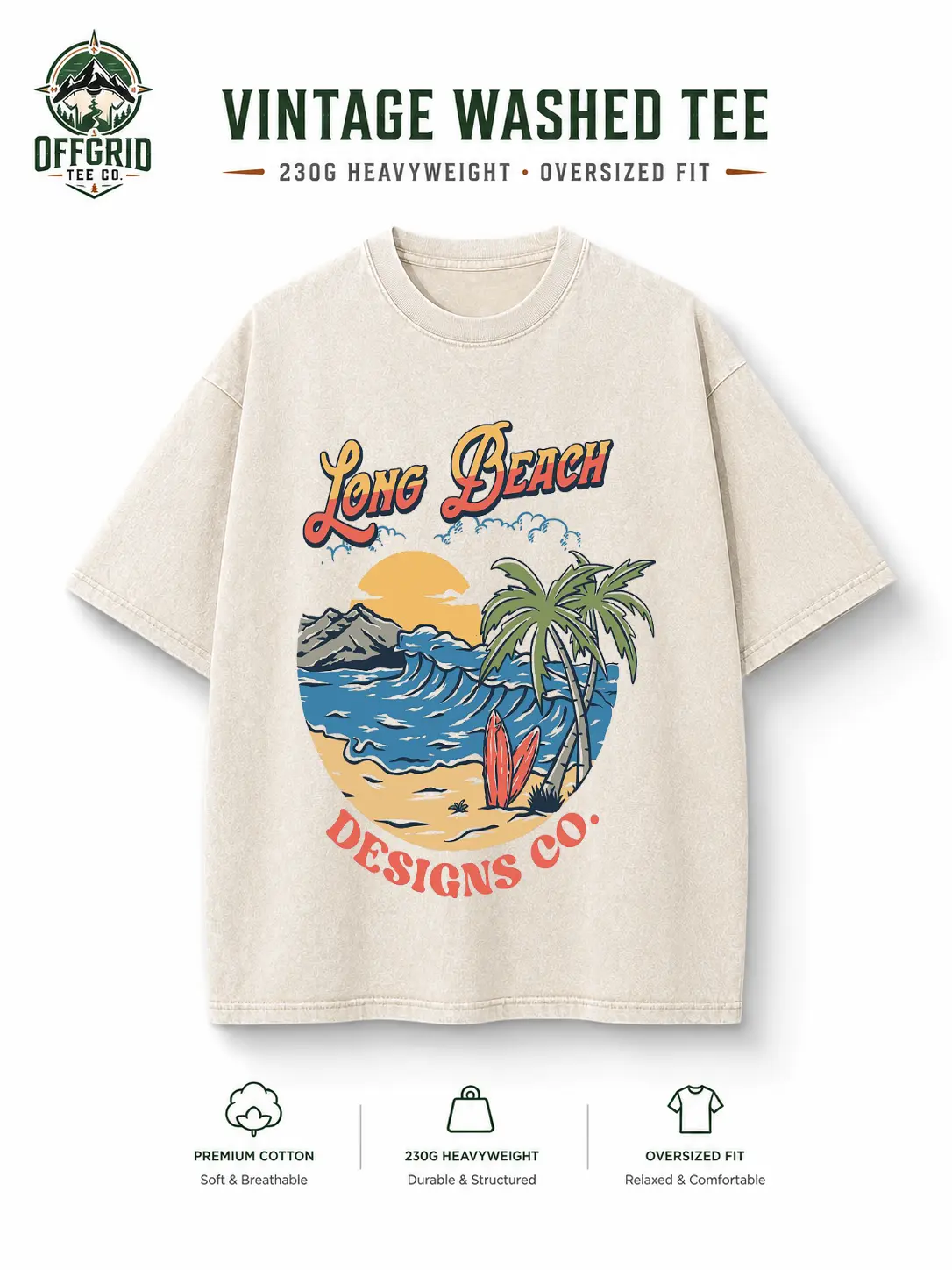 Vintage Washed Oversized Tee, Premium Cotton, Long Beach Surf Graphic with Palm Trees & Waves, 'Long Beach Designs Co.' Text, Casual Summer Beach Style, Soft Breathable Fit for Surfing, Beach Trips, Vacation Wear