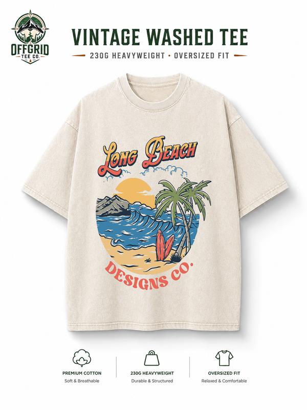 Men's Aesthetic Crew Neck Tropical Short-Sleeve Tshirt - Vintage Washed Oversized Premium Cotton, Long Beach Surf Graphic with Palm Trees & Waves, 'Long Beach Designs Co.' Text, Soft Breathable Fashion Streetwear, Outdoor Hiking Casual Wear