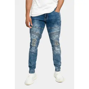 Distressed Stitch Stacked Moto Biker Jeans